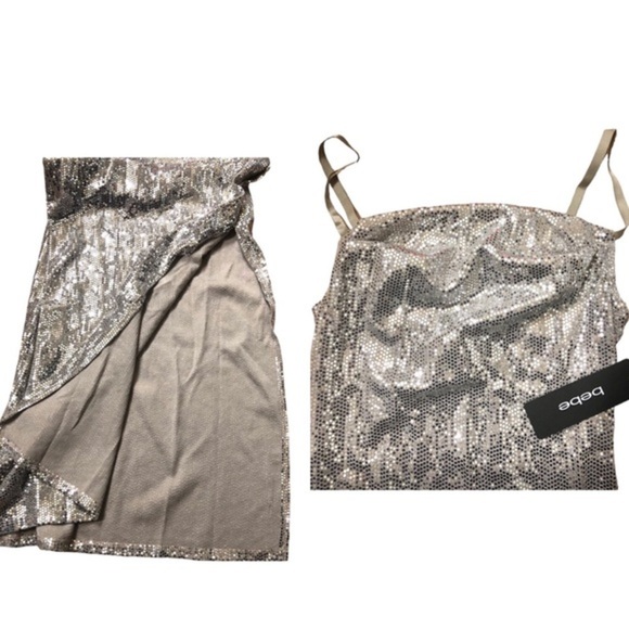 Bebe silver sequin cowl neck adjustable strap‎ slip style gown dress size large - Picture 15 of 15